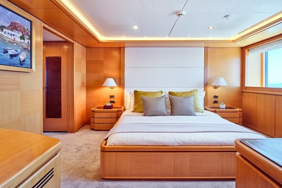 superyacht bedroom, luxury bedroom, superyacht charter Greece