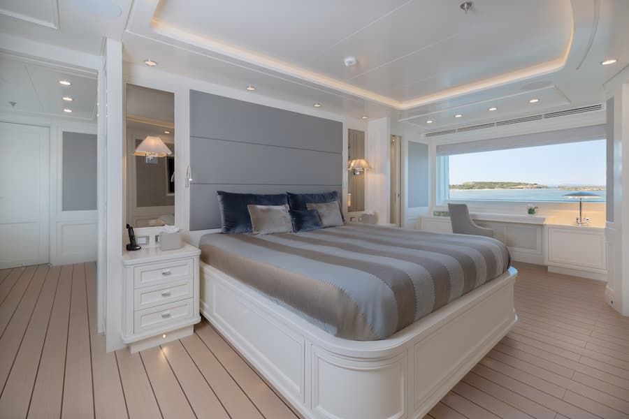 luxury bedroom, superyacht rental Greece, Mediterranean yachts