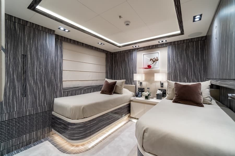 luxury bedroom, luxury twin beds, superyacht charter Greece