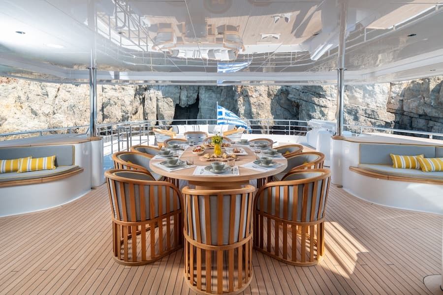 superyacht deck, luxury deck, fine dining Greece