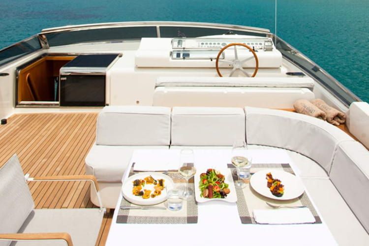yacht dining area, motor yacht charter Halkidiki, day cruise Halkidiki