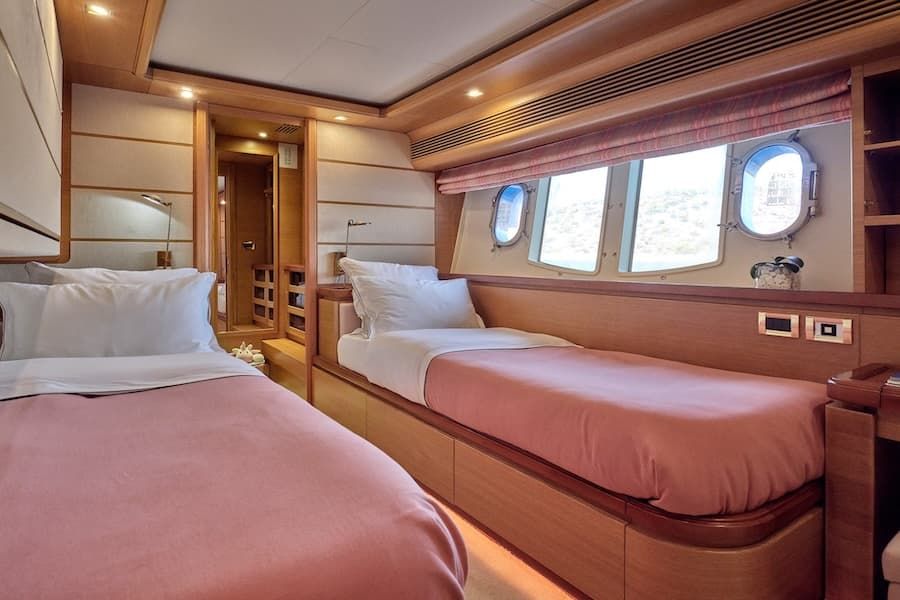yacht twin beds, Greece superyacht charter, yacht accommodation Greece