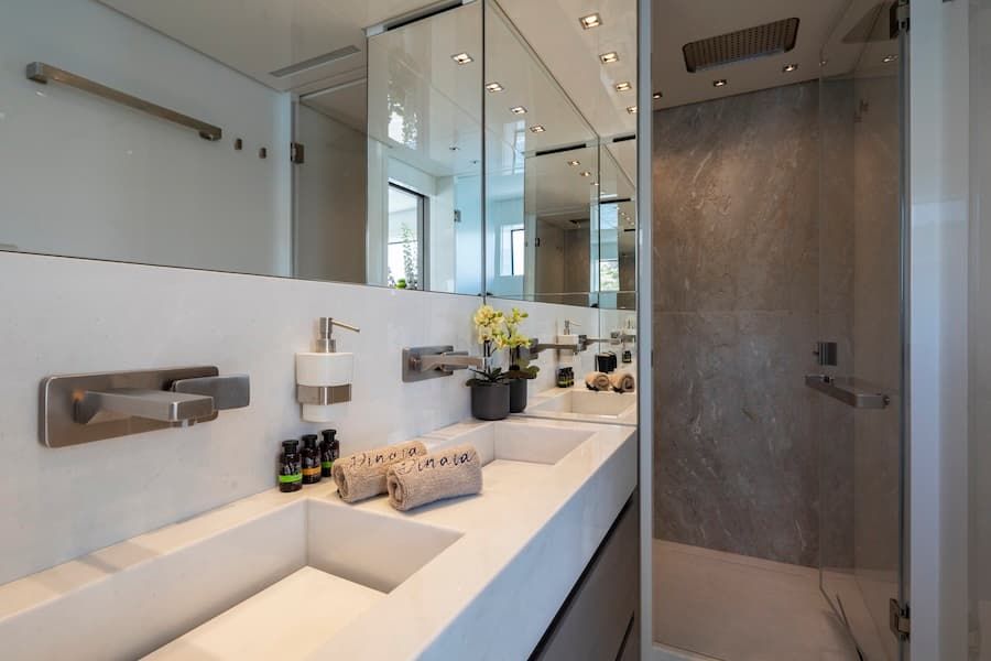 luxury bathroom, superyacht bath, Dinaia superyacht charter Greece