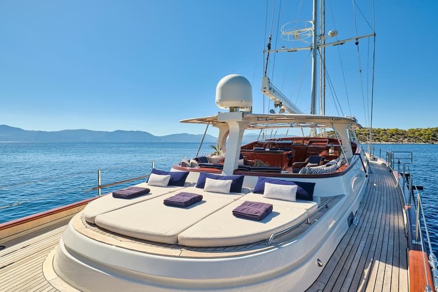 luxury sailing yacht, sun beds, sailing yacht vacations Greece