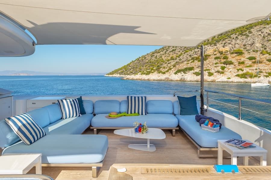 luxury outdoor salon, super yacht charter Greece, superyacht Sea Wolf