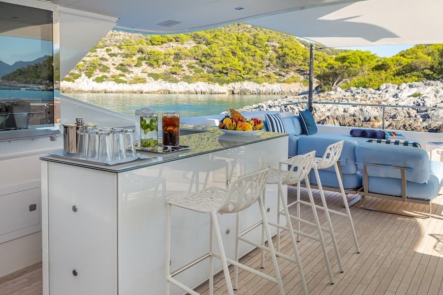 luxury upper deck bar, luxury yacht charter Greece, superyacht rental Greece