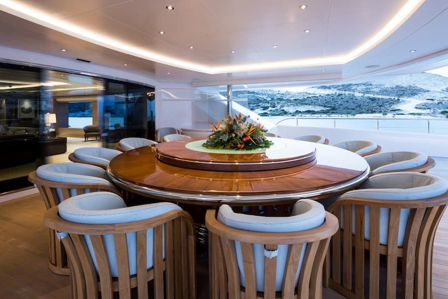 outdoor dining, luxury mega yacht Opari, mega yacht charter Greece