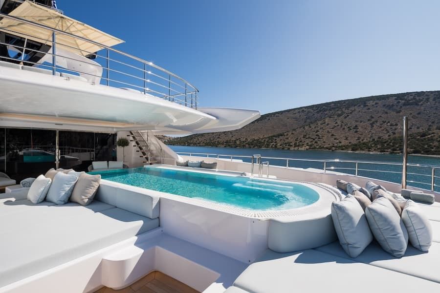 mega yacht vacations Greece, luxury sun deck, mega yacht charter Greece