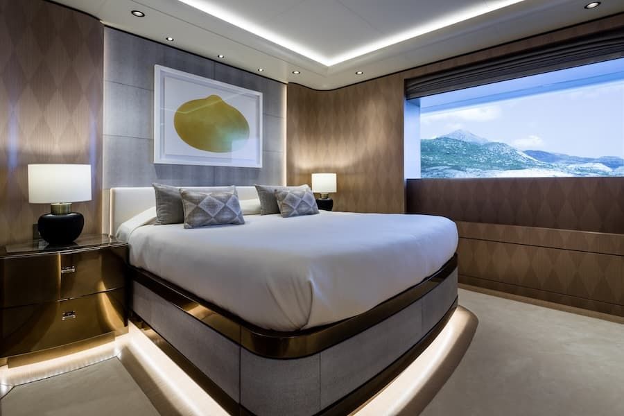 mega yacht bedroom, Opari accommodation, Greece mega yacht charter