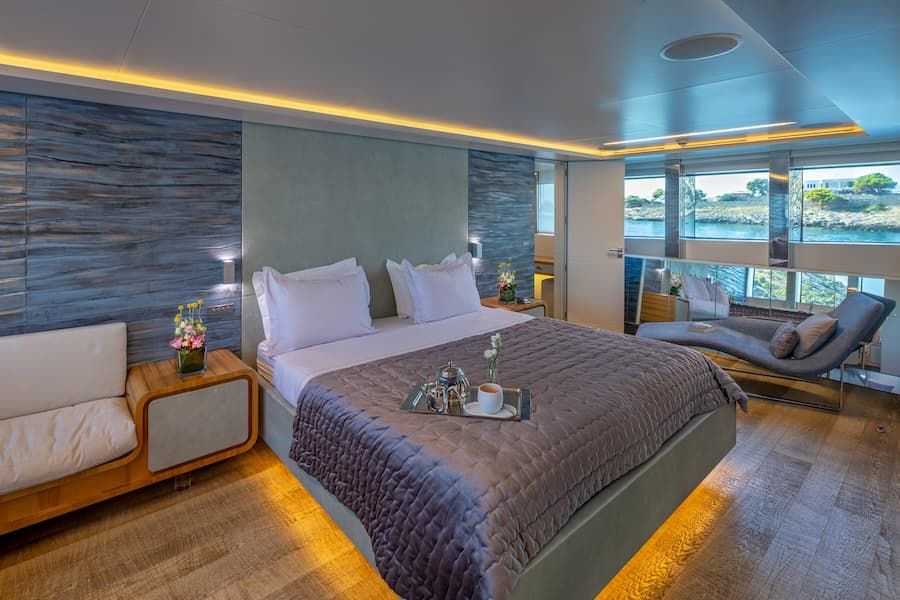 luxury bedroom, luxury accommodation, super yacht charter Greece