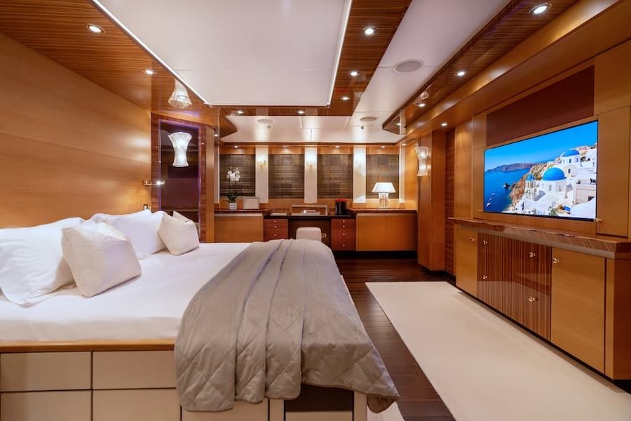 luxury bedroom, super yacht charter Greece, luxury living