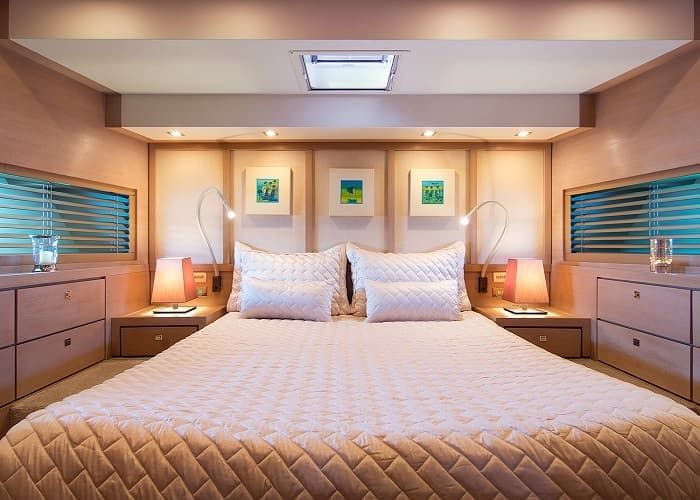 luxury yacht bedroom, VIP cabin, motor yacht vacation Greece