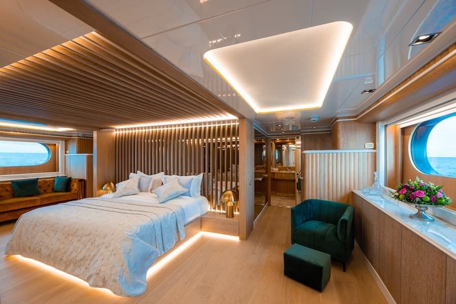 superyacht bedroom, luxury accommodation, luxury superyacht charters