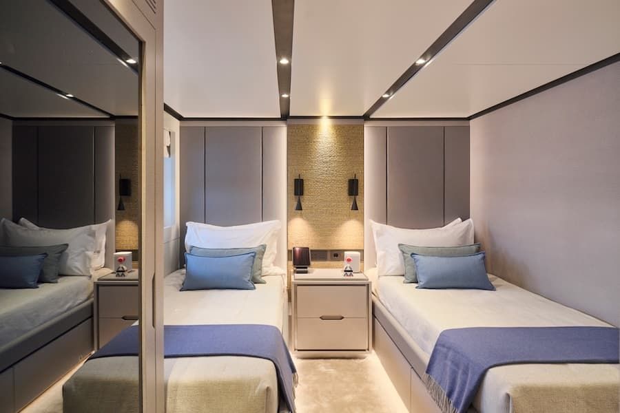 luxury bedroom, superyachts twin beds, superyacht vacations Greece