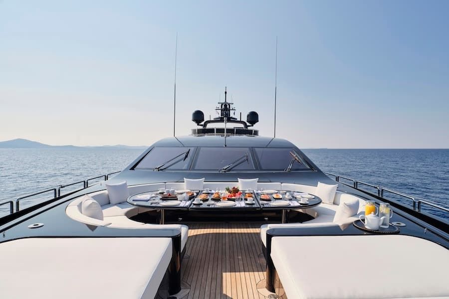 luxury upper deck, fine dining, superyacht charter Mediterranean