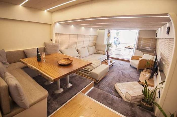 Cyclades motor yacht, luxury salon, day yacht charter Mykonos