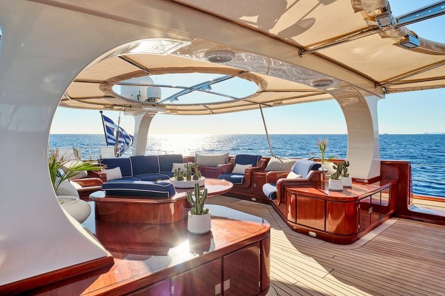 luxury outdoor salon, Greece yachts, luxury sailing yacht charter Greece